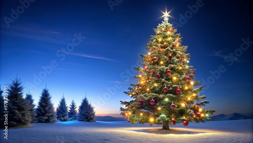 A beautifully lit Christmas tree outside at night with a clear sky as the backdrop
