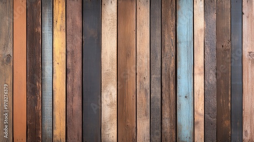 Reclaimed wood panels with a mix of faded colors, vintage patina, rustic and eclectic