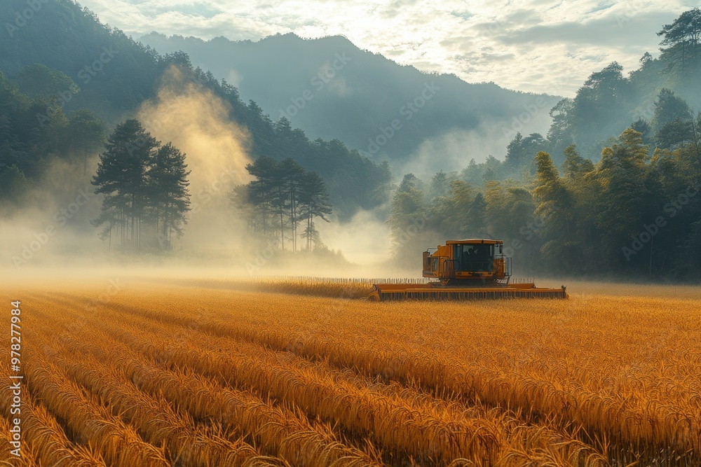 Obraz premium Serene Foggy Morning Harvest in Rural Village with Farmers Amid Golden Fields