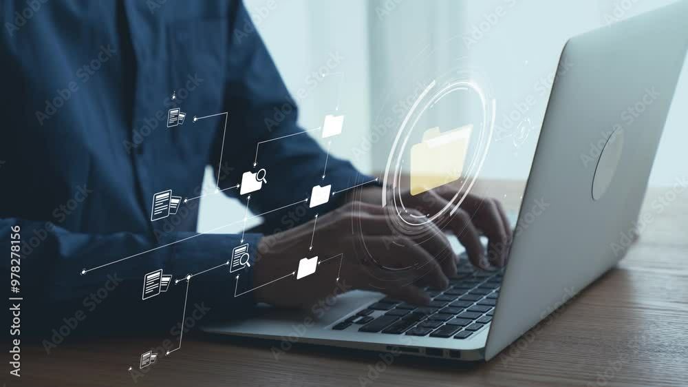 Business person managing online documents folders for efficient work processes. Ensure secure and quick access to all your important online documents with ease. UUID