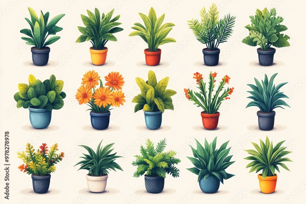Colorful Illustration of House Plants in Pots Colorful Illustration of House Plants in Pots