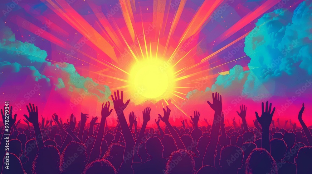 A joyful congregation celebrating the resurrection with raised hands and singing, framed by a bright sunrise cartoon Vector Illustration A joyful congregation celebrating the resurrection with raised hands and singing, framed by a bright sunrise cartoon Vector Illustration