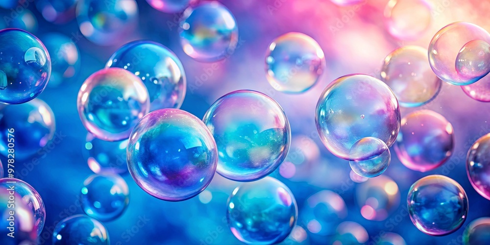 Soap bubbles floating on a blue and pink background, creating a dreamy and mesmerizing effect