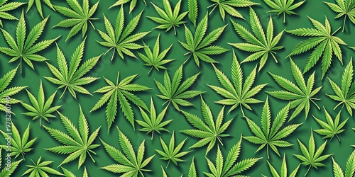 Background with seamless and repeating marijuana leaves in green for cannabis-themed designs and projects