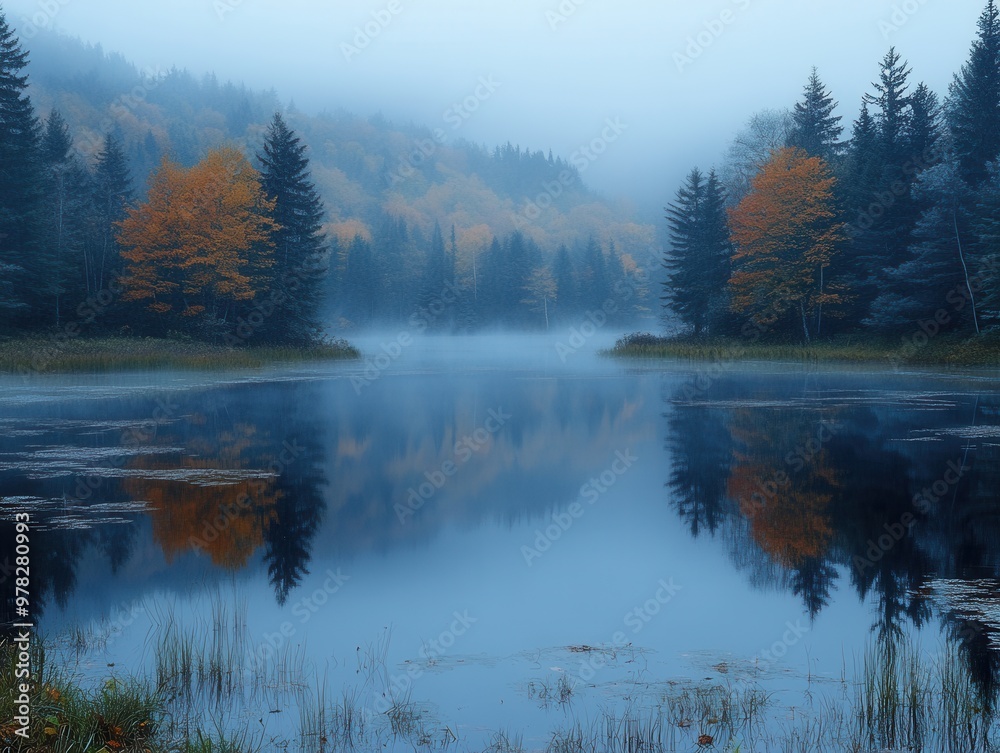 Serene Morning at the Misty Lake - Tranquil Scene of Fall Forest Reflections in Water Serene Morning at the Misty Lake - Tranquil Scene of Fall Forest Reflections in Water