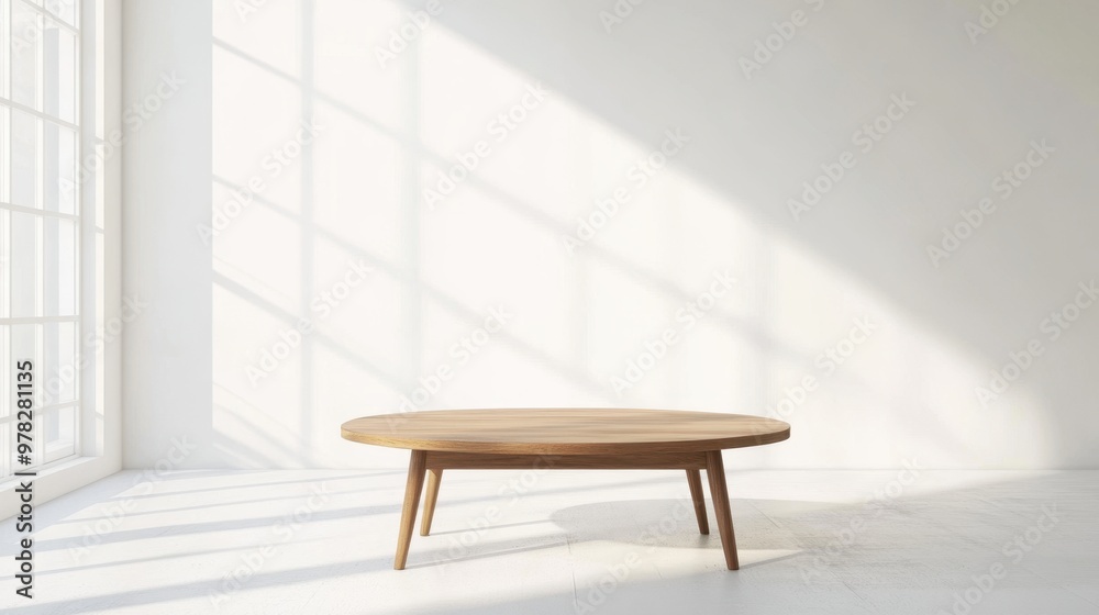 Teak coffee table in a pristine white room copy space on right side minimalist aesthetic soft natural lighting Teak coffee table in a pristine white room copy space on right side minimalist aesthetic soft natural lighting