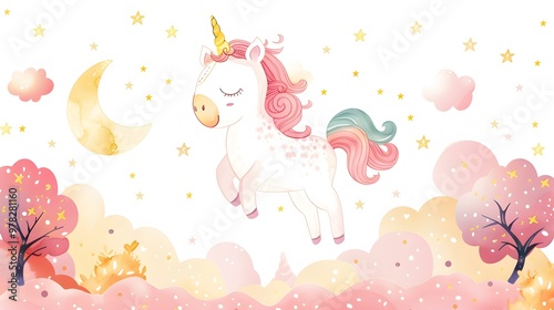 A cartoon unicorn with pink hair