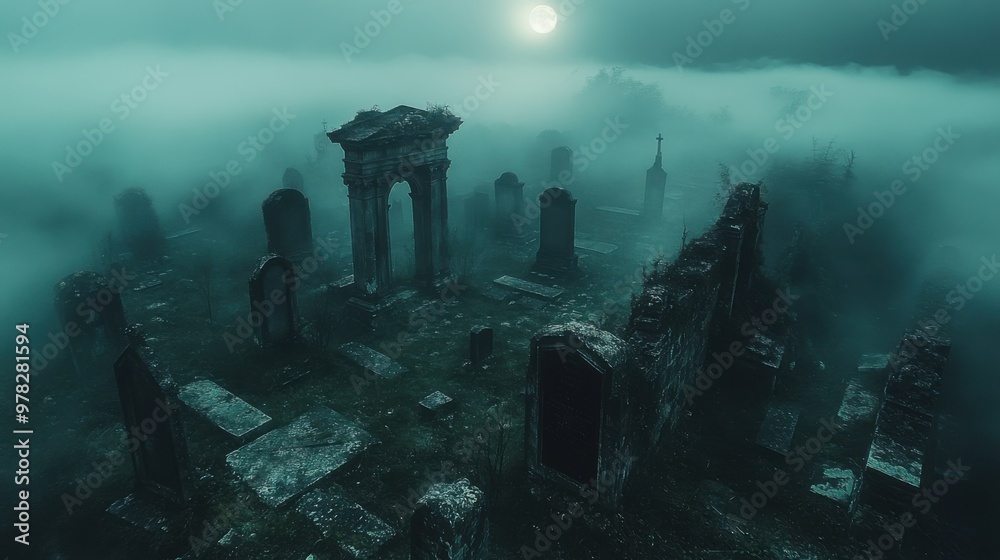 Midnight Fog Over Haunted Graveyard - Aerial View of Creepy Tombstones and Shadowy Figure in Moonlight | Desaturated Colors Midnight Fog Over Haunted Graveyard - Aerial View of Creepy Tombstones and Shadowy Figure in Moonlight | Desaturated Colors