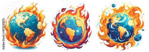 illustration of the earth on fire isolated on transparent background