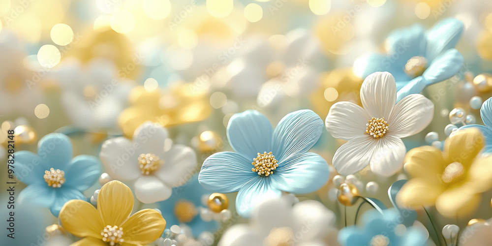 3D render of plasticine cute tiny flowers with gold pearls, generative AI 3D render of plasticine cute tiny flowers with gold pearls, generative AI