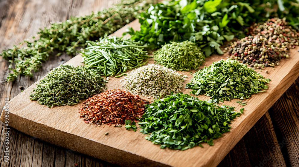 variety of freeze-dried herbs spread out on a wooden board, including thyme, rosemary variety of freeze-dried herbs spread out on a wooden board, including thyme, rosemary
