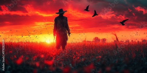 Sinister Scarecrow in Cornfield under Blood-Red Sunset - Eerie Scene of Tattered Scarecrow with Crows Circling, Nikon Z7 II Shot