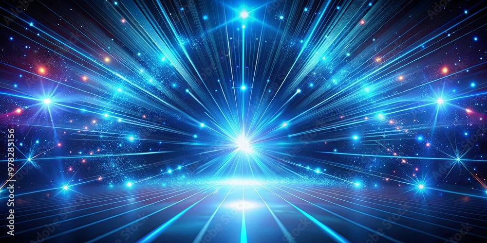 Fototapeta premium Abstract cosmic wallpaper featuring a blue background with neon rays, light flashes, faces, and lines