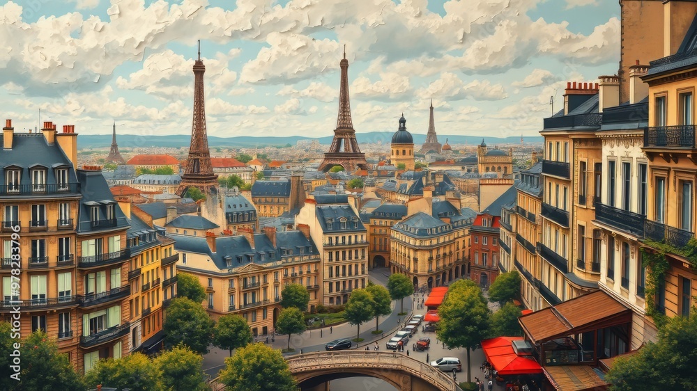Fototapeta premium A vintage-style map depicts the City of Light, showcasing iconic landmarks like the Eiffel Tower, River Seine, and
