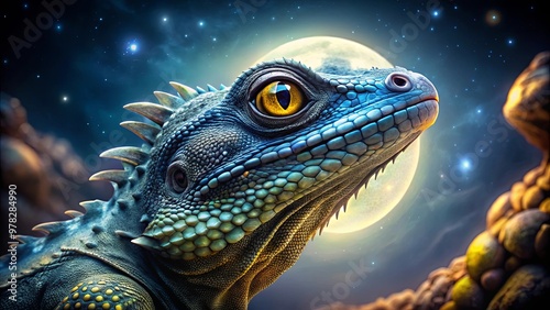 A mystical basilisk with shimmering silver and indigo scales under a moonlit glow, its yellow eyes seemingly following you photo