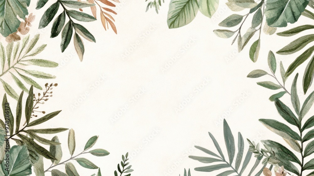 A botanical wedding card design featuring a watercolor illustration of leaves and flowers delicately framing the text area, ideal for a nature-inspired wedding theme. A botanical wedding card design featuring a watercolor illustration of leaves and flowers delicately framing the text area, ideal for a nature-inspired wedding theme.