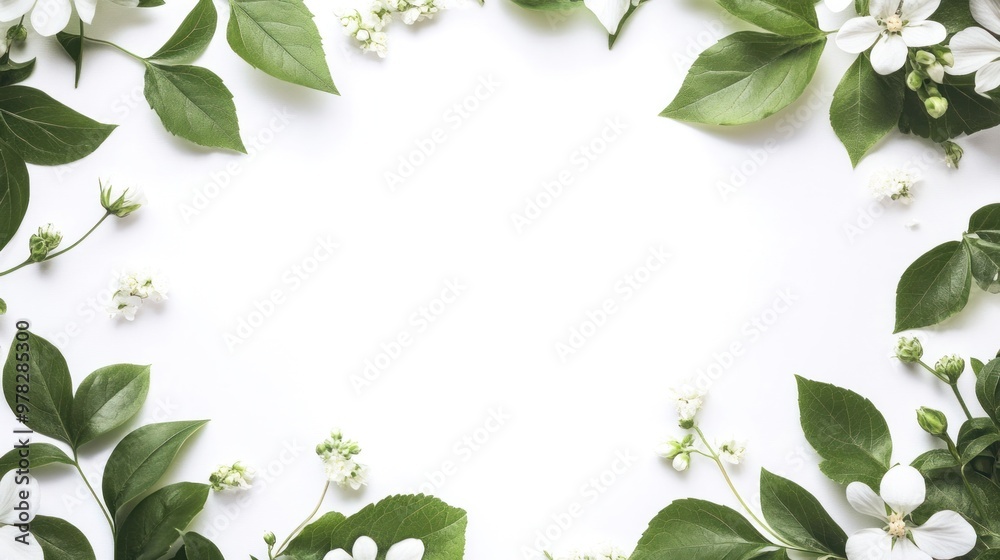 A botanical wedding frame featuring delicate green leaves and soft white flowers, arranged around the edges of a clean white background, ideal for an elegant wedding invitation. A botanical wedding frame featuring delicate green leaves and soft white flowers, arranged around the edges of a clean white background, ideal for an elegant wedding invitation.