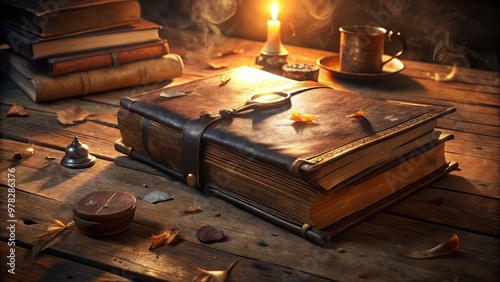 Wallpaper Mural A worn leather-bound book lies open on a rustic wooden table, pages rustling softly in the warm pool of light from a nearby lamp, surrounded by scattered thoughts and notes. Torontodigital.ca