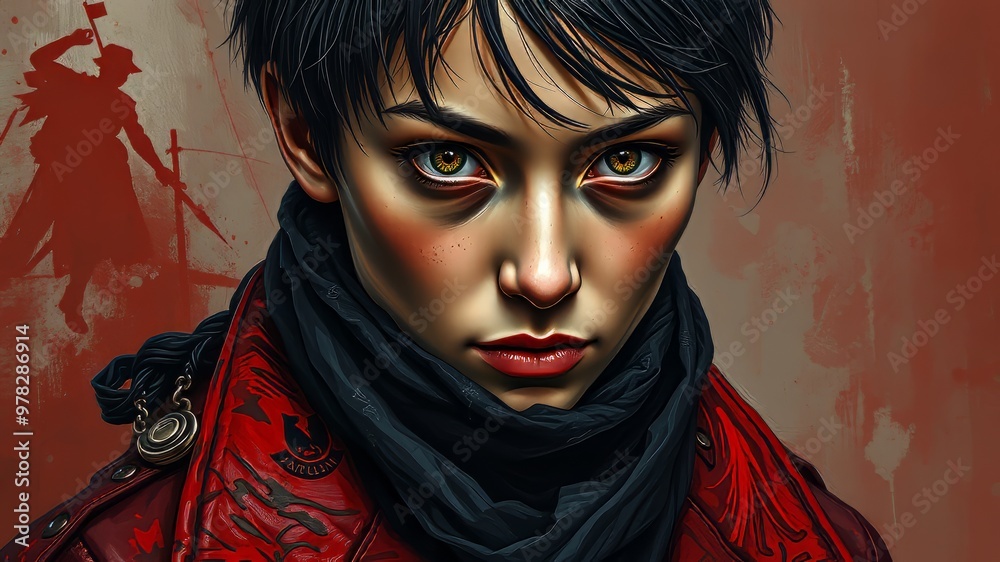 A youthful revolutionary, dressed in a worn coat and scarf, stands facing the camera, eyes fixed intently on