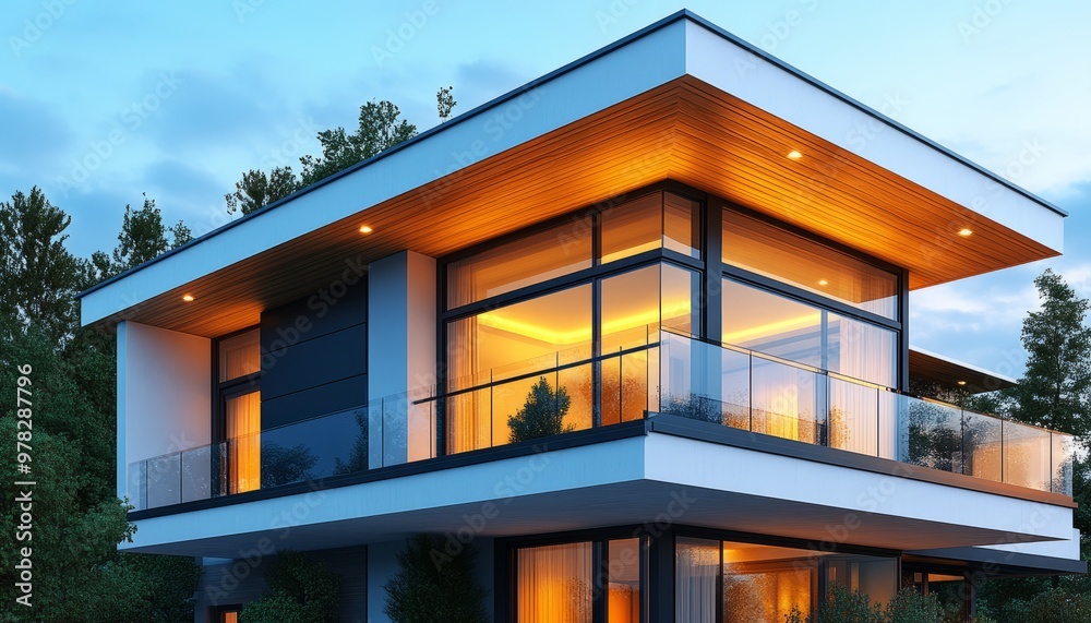 Modern House with Illuminated Balcony and Trees Modern House with Illuminated Balcony and Trees