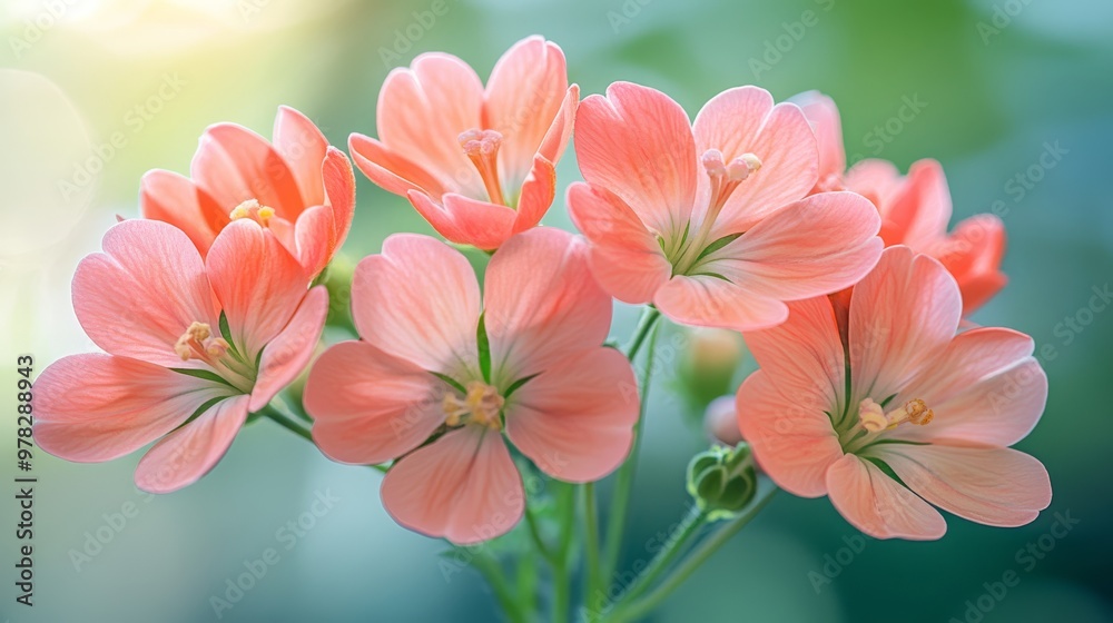 Fototapeta premium A closeup of blooming flowers in various shades of Sunset Coral gently lit by soft sunlight The petals have a radiant glow evoking a sense of joy and rejuvenation The warm tones of the flowers stand o