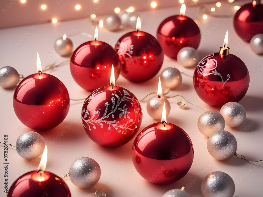 abstract pastel Red Christmas Balls with candles on light background Christmas New Year card abstract pastel Red Christmas Balls with candles on light background Christmas New Year card