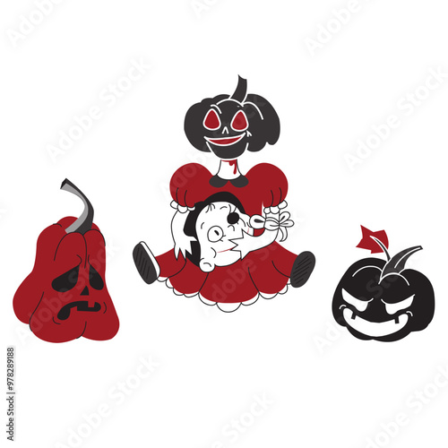 Halloween creepy doll with pumpkin instead of head. Vector illustration isolated on white background.