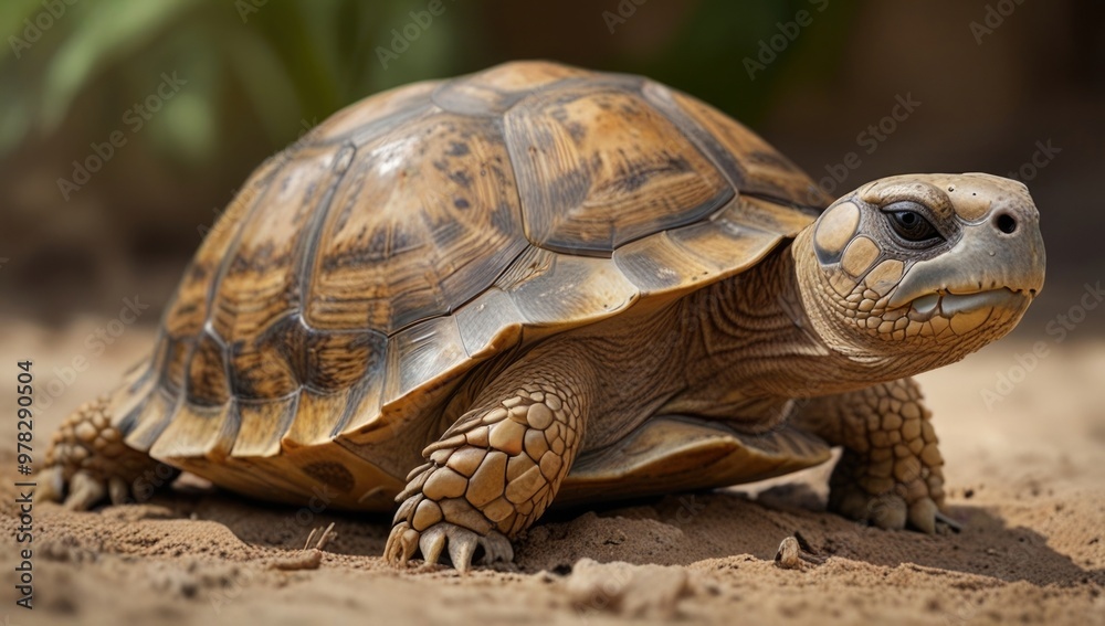 Sulcata tortoise over a blurry natural background Sulcata tortoise over a blurry natural background