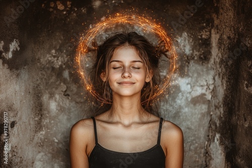 Calm woman meditating against a stone wall surrounded by a glowing aura symbolizing balance tranquility mental clarity and a deep connection to mindfulness practices