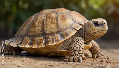 Sulcata tortoise over a blurry natural background