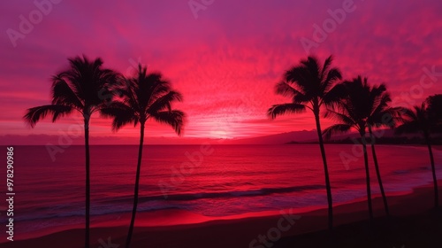 A vibrant sunset over the ocean with the sky bathed in rich Sunset Coral tones Gentle waves reflect the warm coral hues and the sun casts a soft glow over the beach Silhouettes of palm trees in the fo