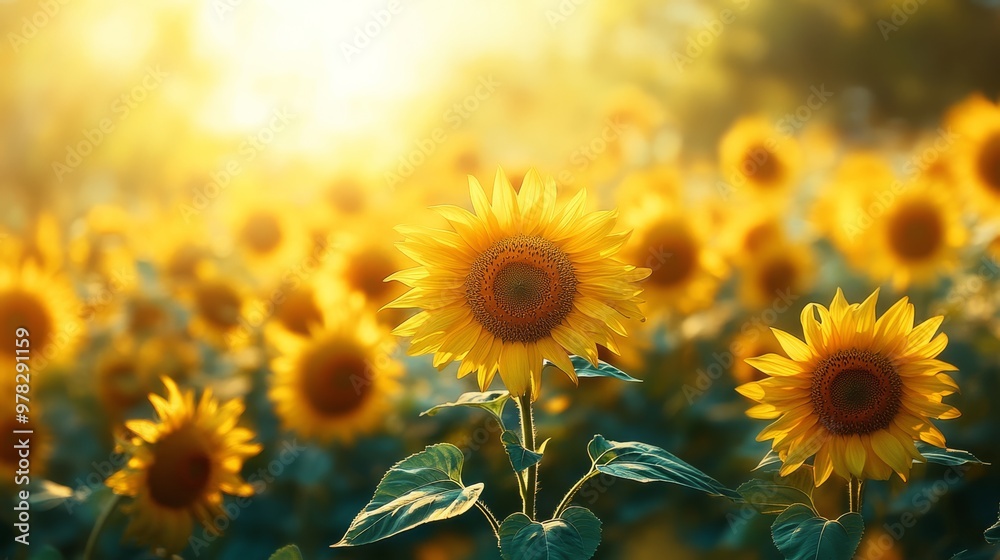 Fototapeta premium A wide field of sunflowers in full bloom basking in the golden light of Ray Flower The bright yellow petals glow under the midday sun creating a vibrant scene full of energy and life 