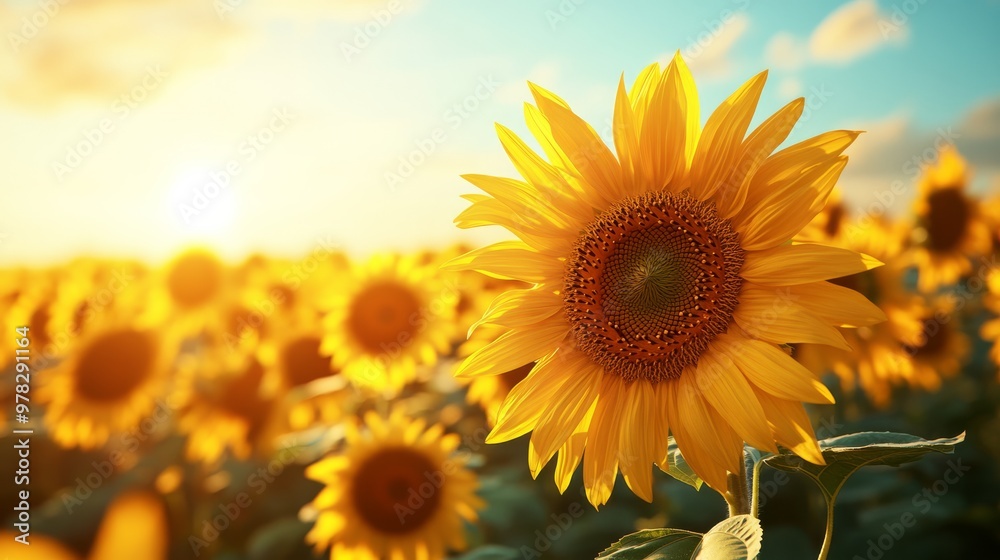 Obraz premium A wide field of sunflowers in full bloom basking in the golden light of Ray Flower The bright yellow petals glow under the midday sun creating a vibrant scene full of energy and life 