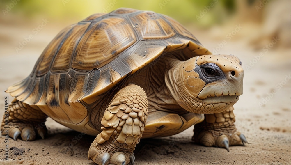 Sulcata tortoise over a blurry natural background Sulcata tortoise over a blurry natural background