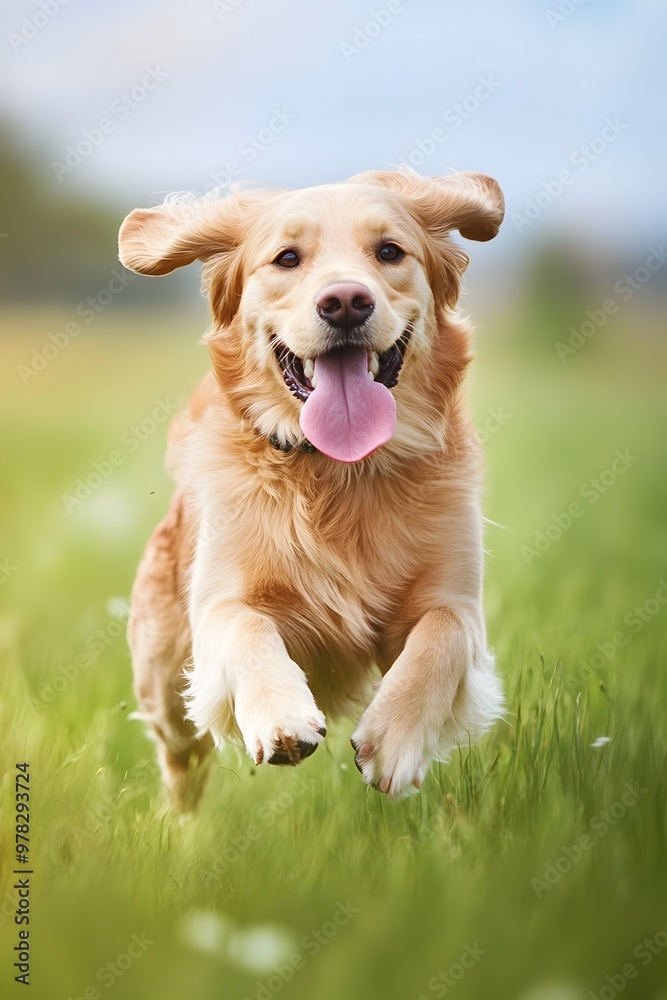 Energetic Golden Retriever Happily Dashing Through a Vibrant Green Field Energetic Golden Retriever Happily Dashing Through a Vibrant Green Field
