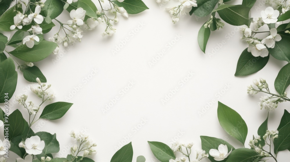A botanical wedding frame featuring delicate green leaves and soft white flowers, arranged around the edges of a clean white background, ideal for an elegant wedding invitation. A botanical wedding frame featuring delicate green leaves and soft white flowers, arranged around the edges of a clean white background, ideal for an elegant wedding invitation.