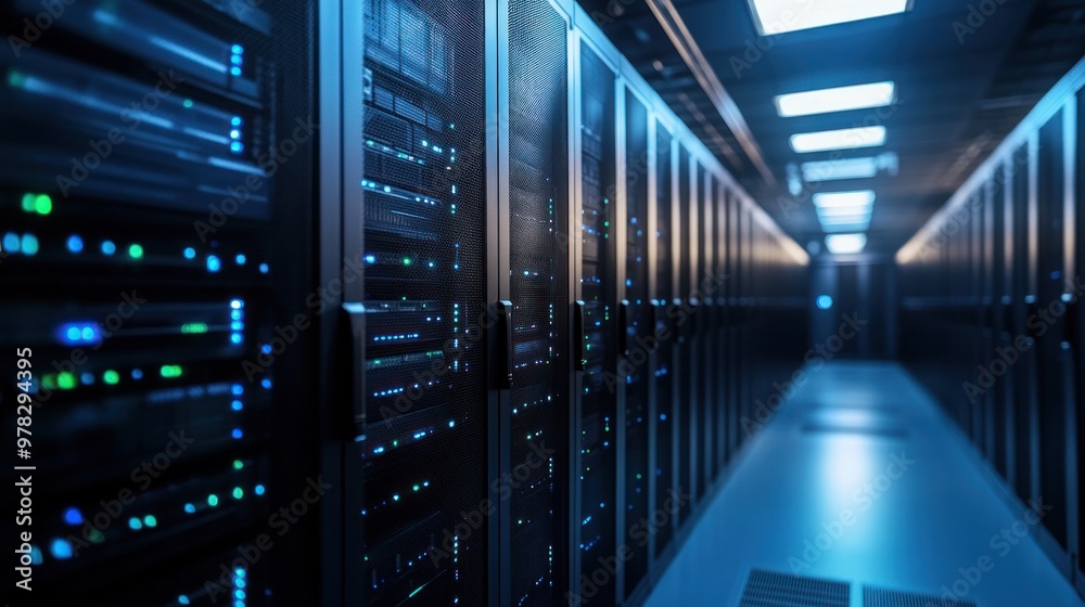 Fototapeta premium A clean and organized data center with rows of networking equipment, including high-performance routers and switches.