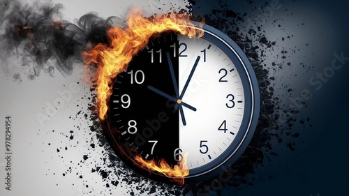 A striking high-resolution image of a burning clock, symbolizing the pressure of deadlines and the rush of time running out