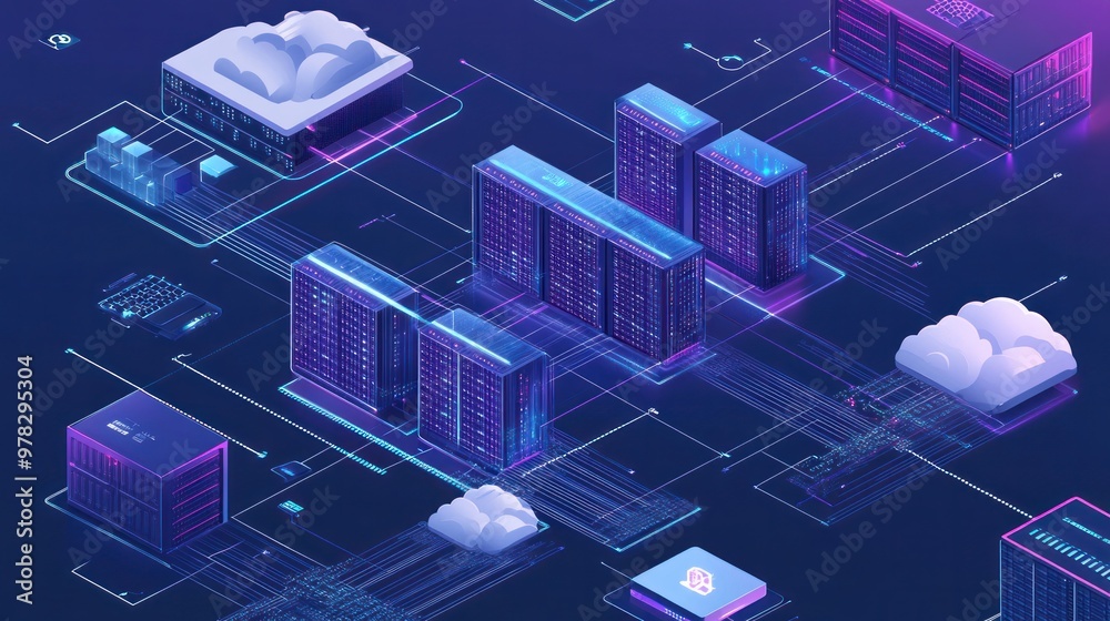 A comprehensive IT architecture diagram showing how data flows between a central data center, servers, and cloud platforms, ensuring scalable and secure IT operations. A comprehensive IT architecture diagram showing how data flows between a central data center, servers, and cloud platforms, ensuring scalable and secure IT operations.