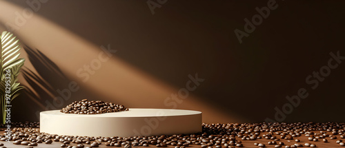 3D rendering of a podium mockup scene with coffee beans and a modern cafe background for a coffee-themed product presentation. The color palette is brown and cream. Circular and geometric forms, with