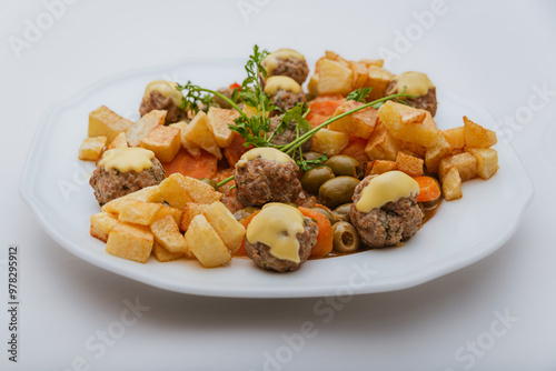 Minced meat dish with olives and french fries
