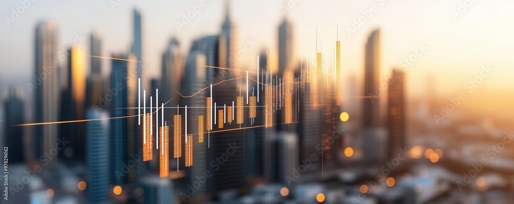 City skyline with graphs of financial growth overlaid, Dynamic financial growth, Urban economic success City skyline with graphs of financial growth overlaid, Dynamic financial growth, Urban economic success