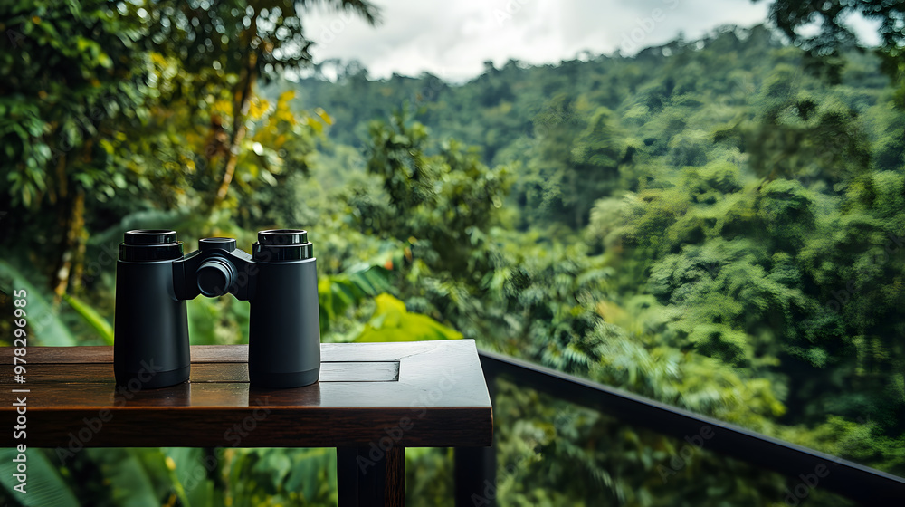 A pair of binoculars resting on a wooden table overlooking a lush green forest. A pair of binoculars resting on a wooden table overlooking a lush green forest.