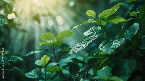 Fresh green leaves with morning dew in a sunlit forest photo