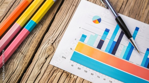 Colorful bar chart on a wooden surface with pens and pencils photo