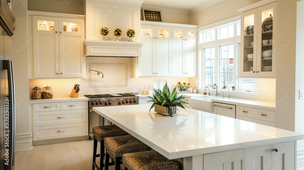 Fototapeta premium White Kitchen with Island, Stove, and Window