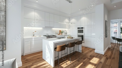 Modern Kitchen with White Cabinets and Island with Bar Stools