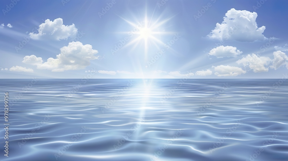 Fototapeta premium Abstract Blue Blurred Background with Light Sky Blue Color Gradient, Soft Clouds, and Calm Sea Water Texture. Bright Summer Day, Clear Sky, and Minimalistic Vector Illustration in a Realistic Photo