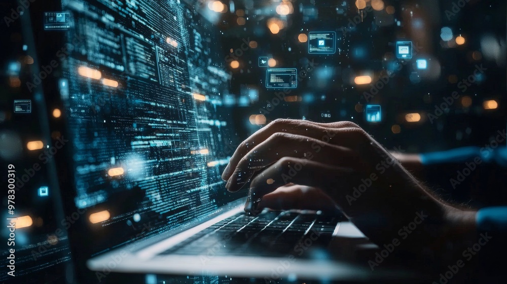 Close-up of hands typing on a laptop with glowing digital code overlay Close-up of hands typing on a laptop with glowing digital code overlay