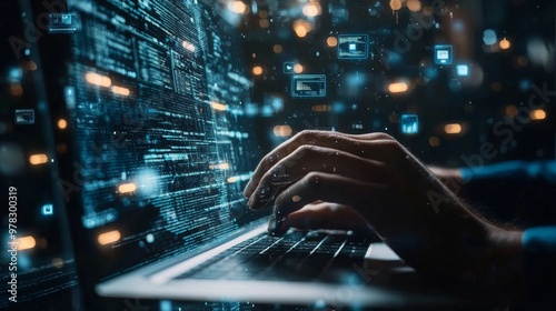 Close-up of hands typing on a laptop with glowing digital code overlay photo